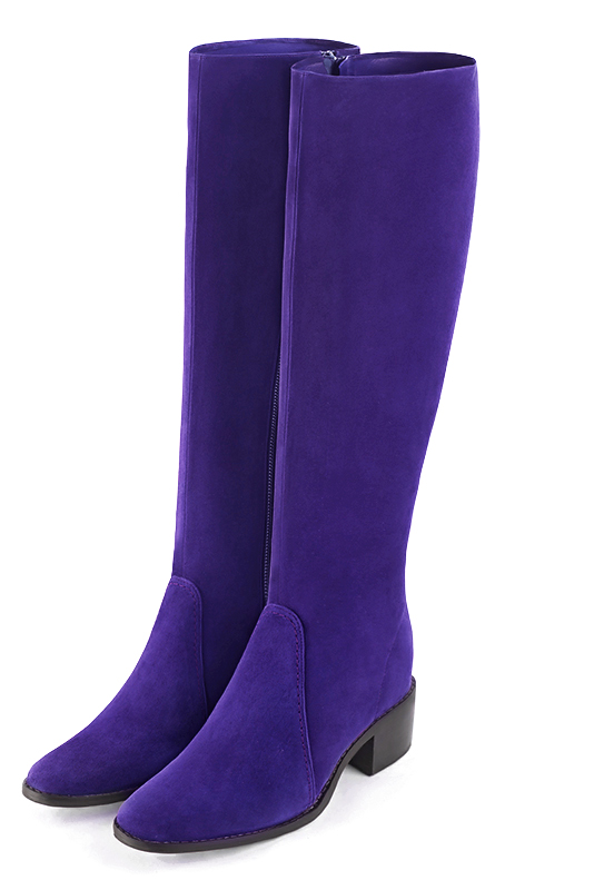 Violet purple women's riding knee-high boots. Round toe. Low leather soles. Made to measure. Front view - Florence KOOIJMAN